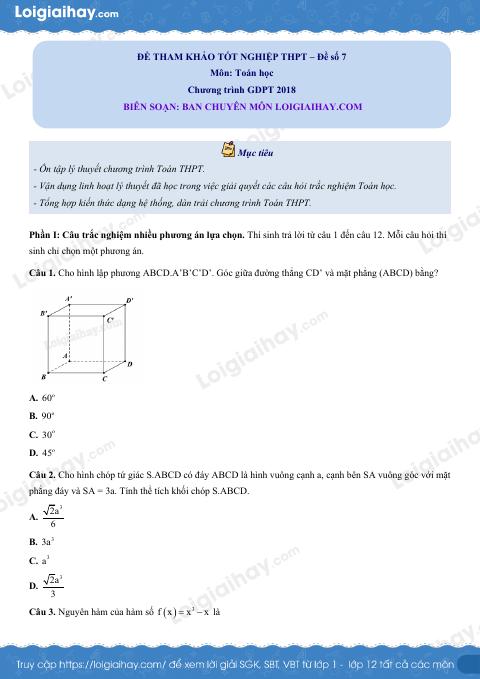 Đề tham khảo thi THPT môn Toán - Đề số 7 (hay, chi tiết)